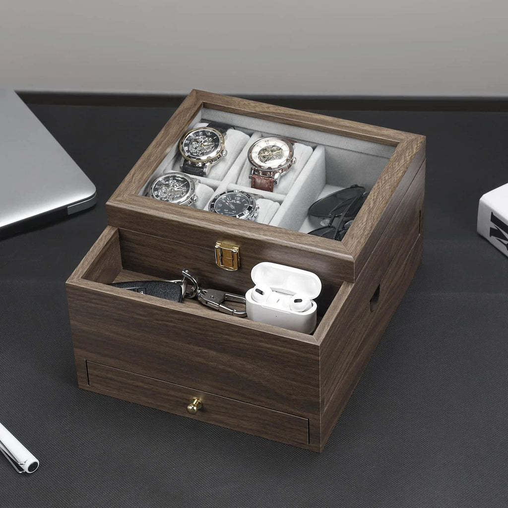 Watch Box For Men Jewelry Organizer With Real Glass Case Ring Bracelet Necklce | eBay