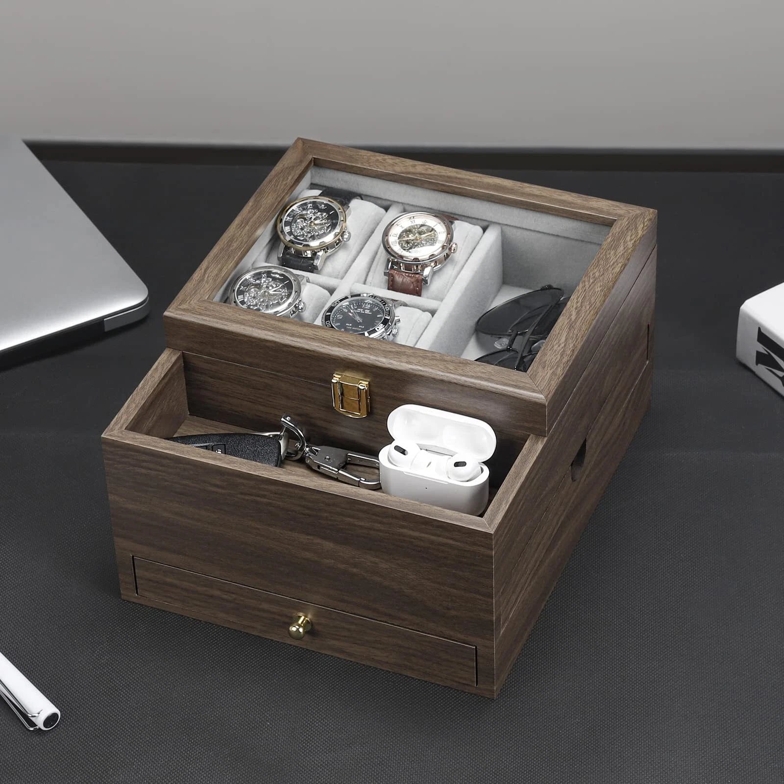 Watch Box For Men Jewelry Organizer With Real Glass Case Ring Bracelet Necklce | eBay