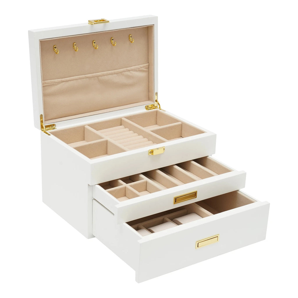 28CM Large Wooden Jewelry Storage Box White 3 Layers Organizer 2 Drawers Cabinet | eBay