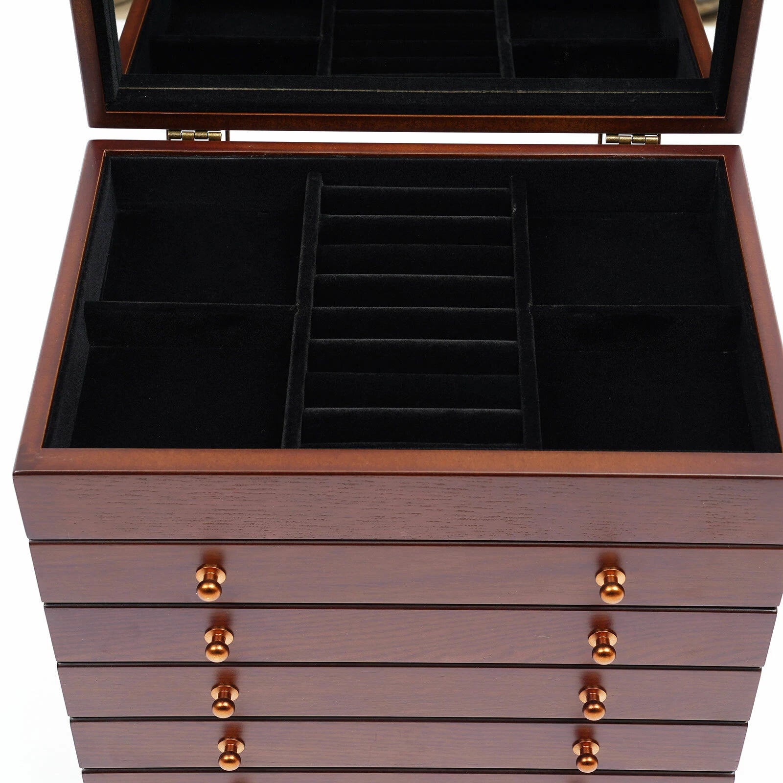 6 Layers Wooden Jewelry Case Necklace Watches Storage Box With Mirror Women | eBay