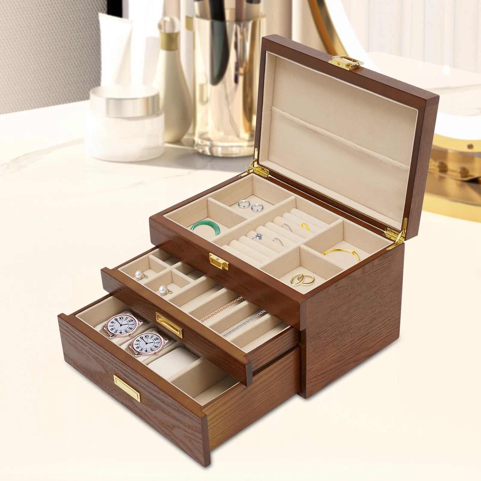 Large Wooden Jewelry Storage Box 3 Layers Organizer 2 Drawers Cabinet | eBay