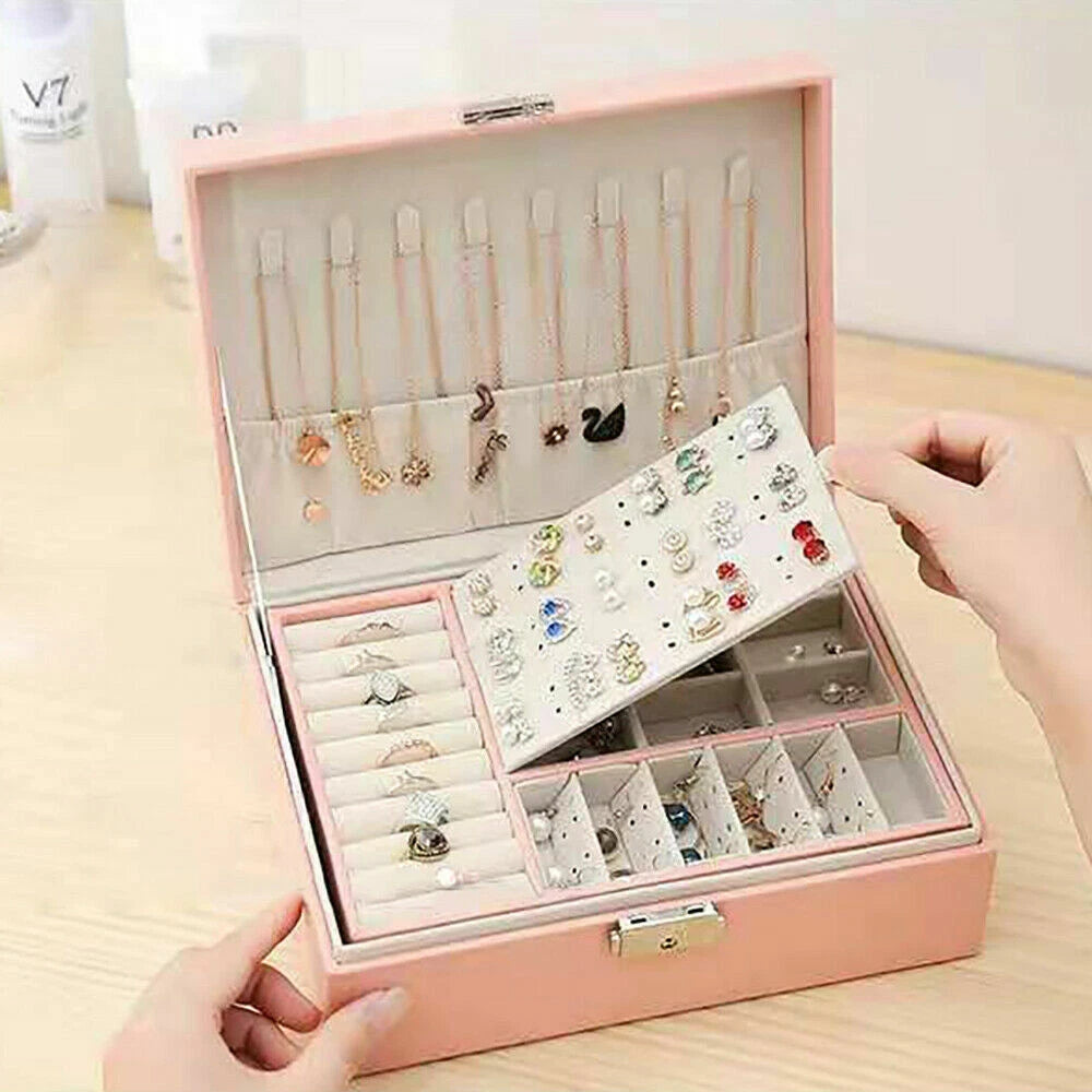 Double Layer Jewelry Box PU Leather Storage Large Space Holder Organizer Gift | eBay