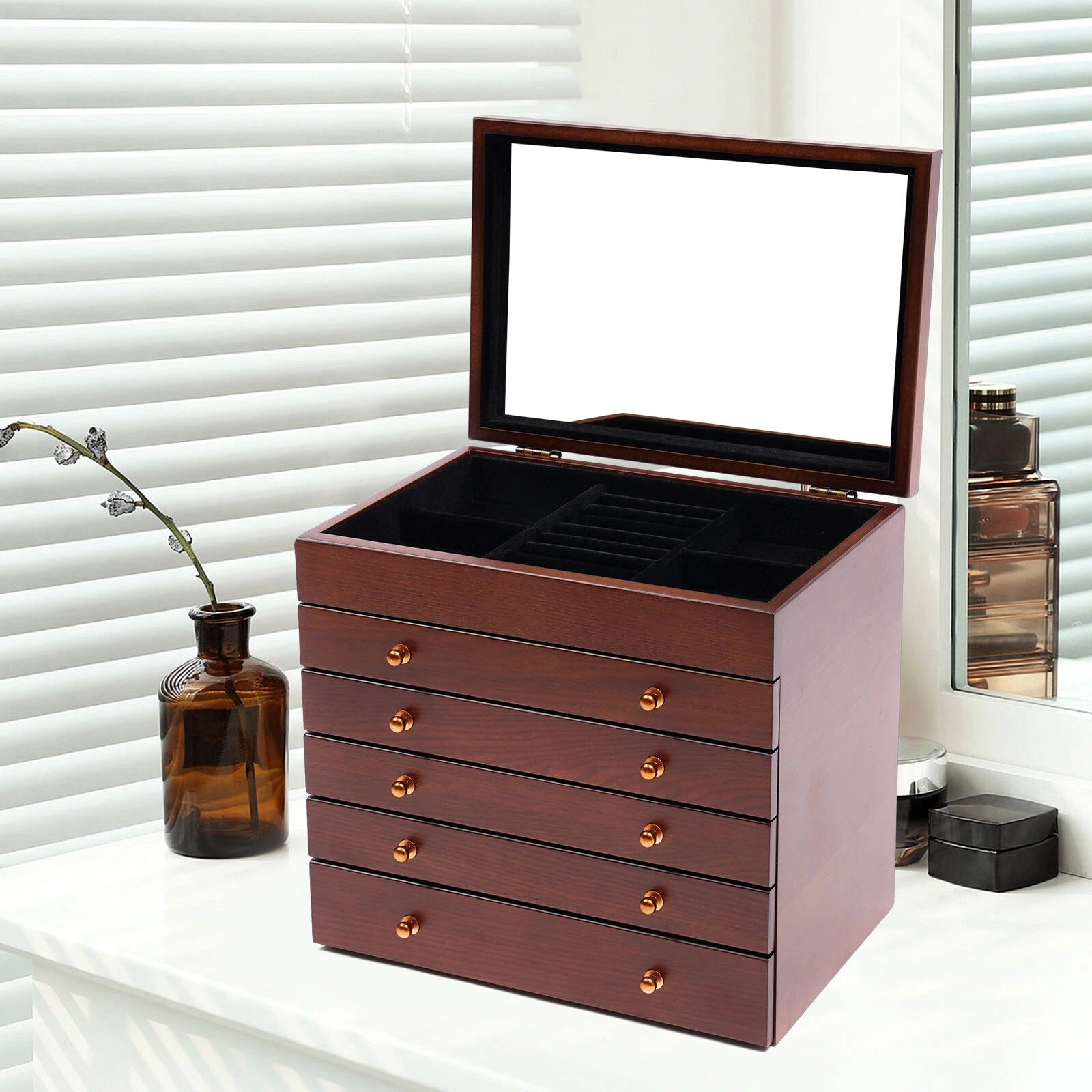 6 Layers Wooden Jewelry Case Necklace Watches Storage Box With Mirror Women | eBay