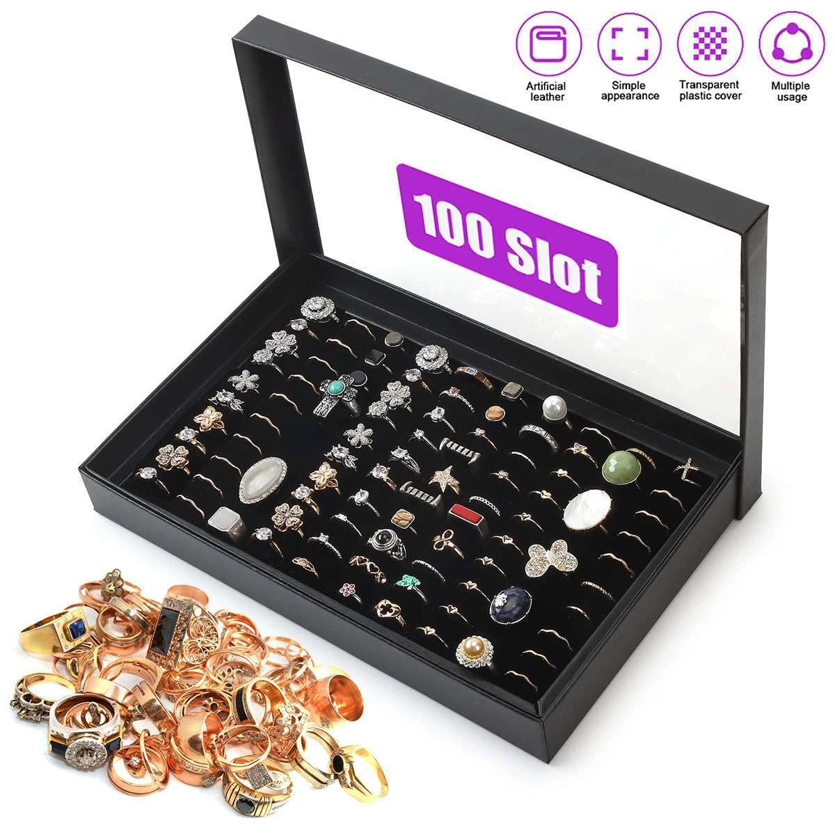100 Slots Jewelry Ring Display Organizer Case Tray Holder Earring Storage Box US | eBay