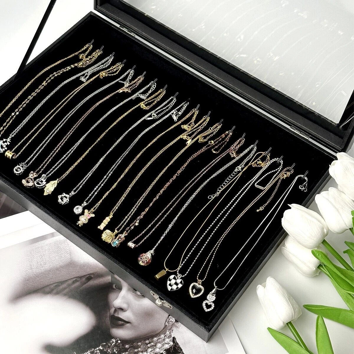 20 Hooks Velvet Necklace Organizer Box Necklace Holder Tray with Clear Lid Black | eBay