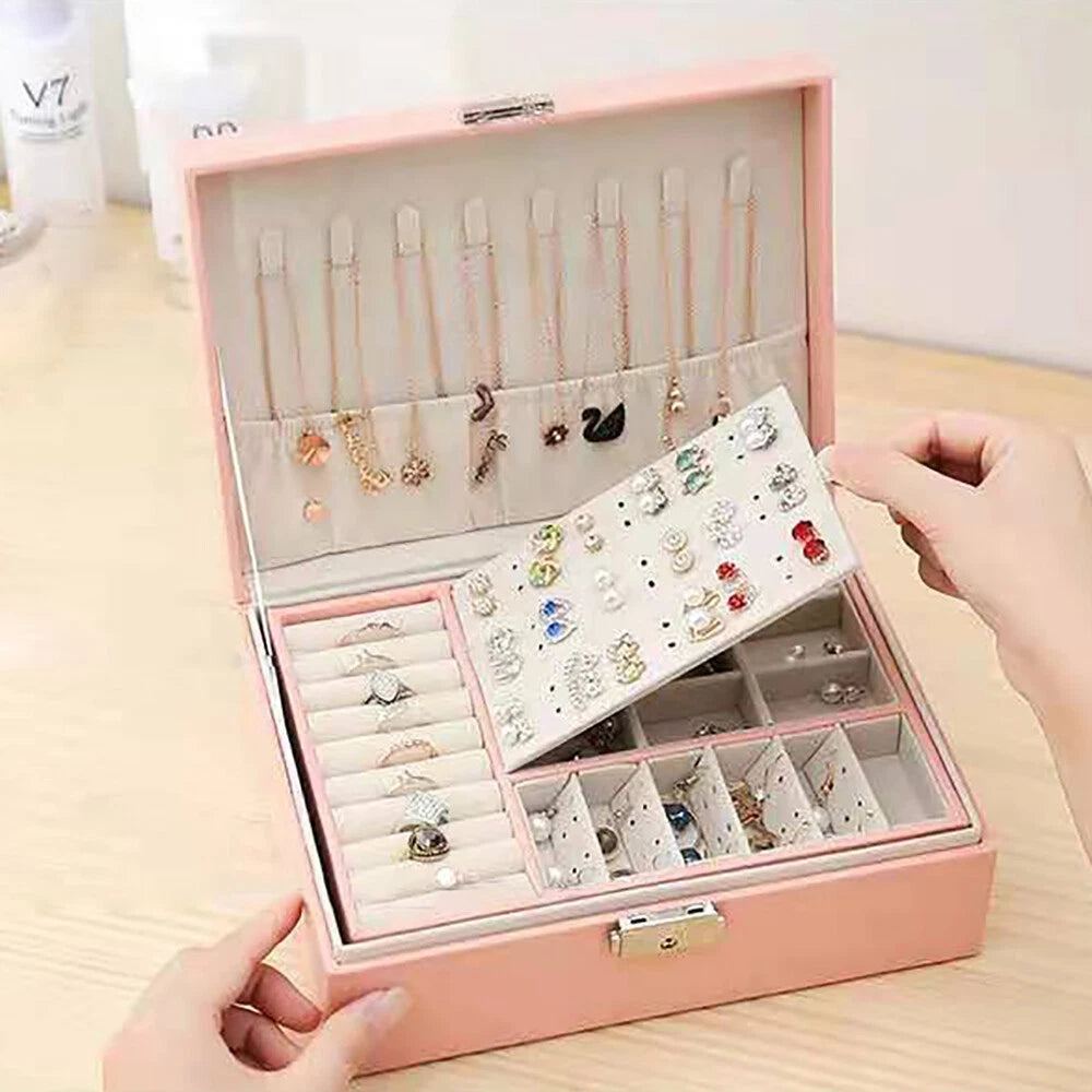 JEWELRY BOX 2-LAYER ORGANIZER CASE LARGE STORAGE NECKLACE RING LEATHER BRAND NEW | eBay