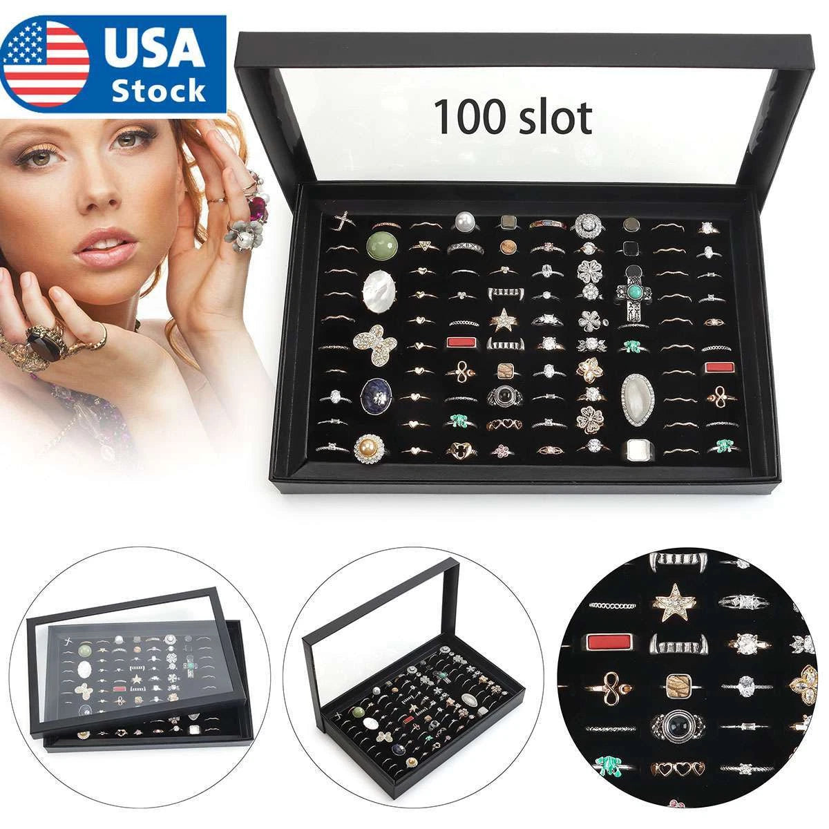 100 Slots Jewelry Ring Display Organizer Case Tray Holder Earring Storage Box | eBay