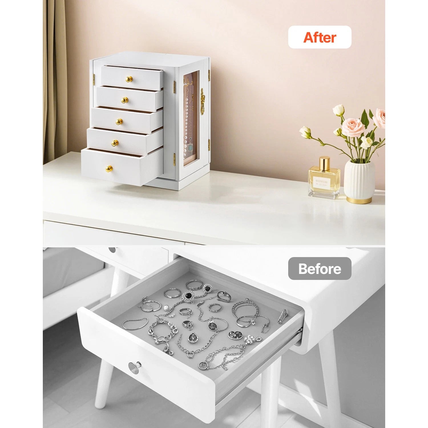 Jewelry Box 360° Rotating Jewelry Organizer with 5 Spacious Drawers White | eBay