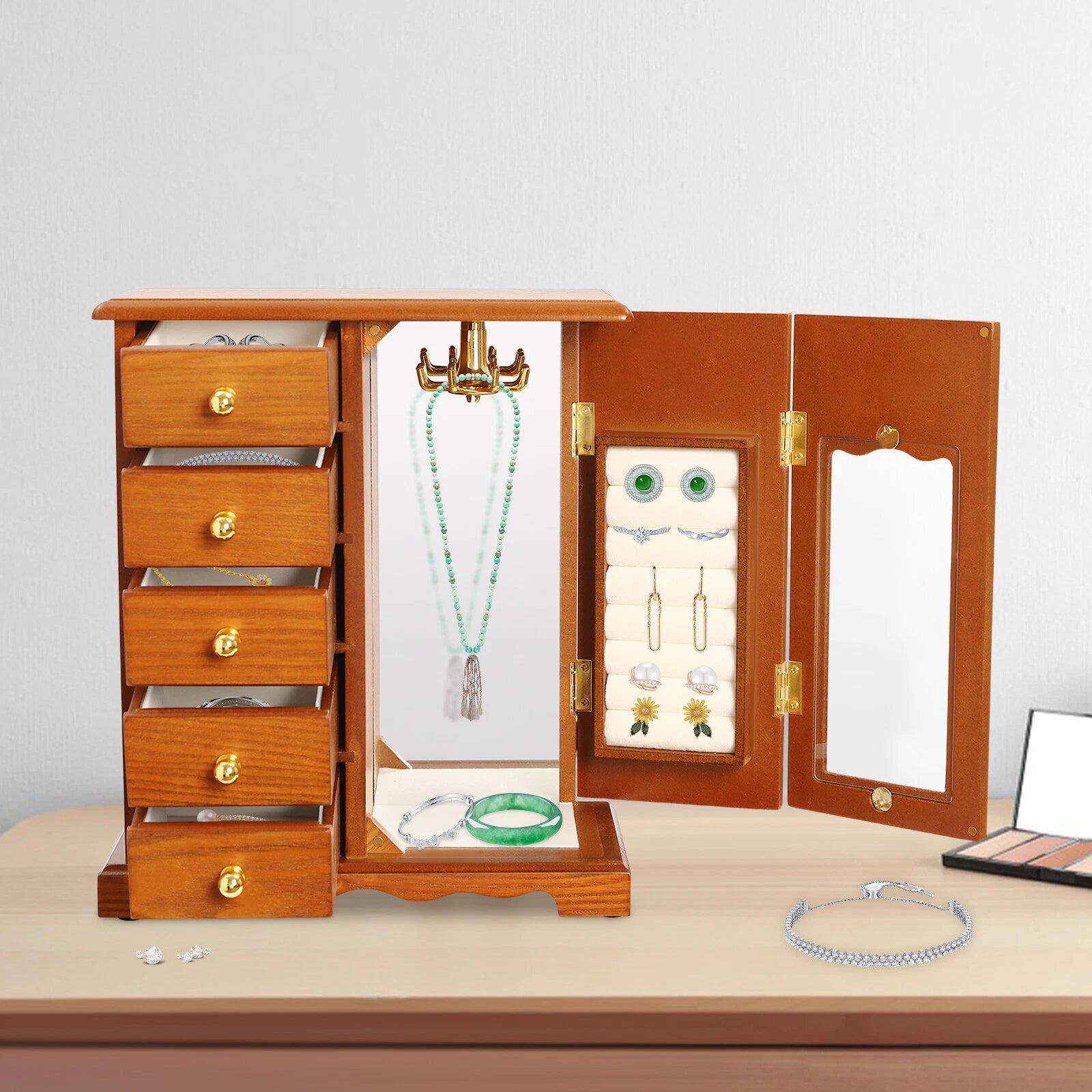 Wooden Jewelry Box Jewelry Storage Cabinet Organizer Mirror With 5 Drawers | eBay
