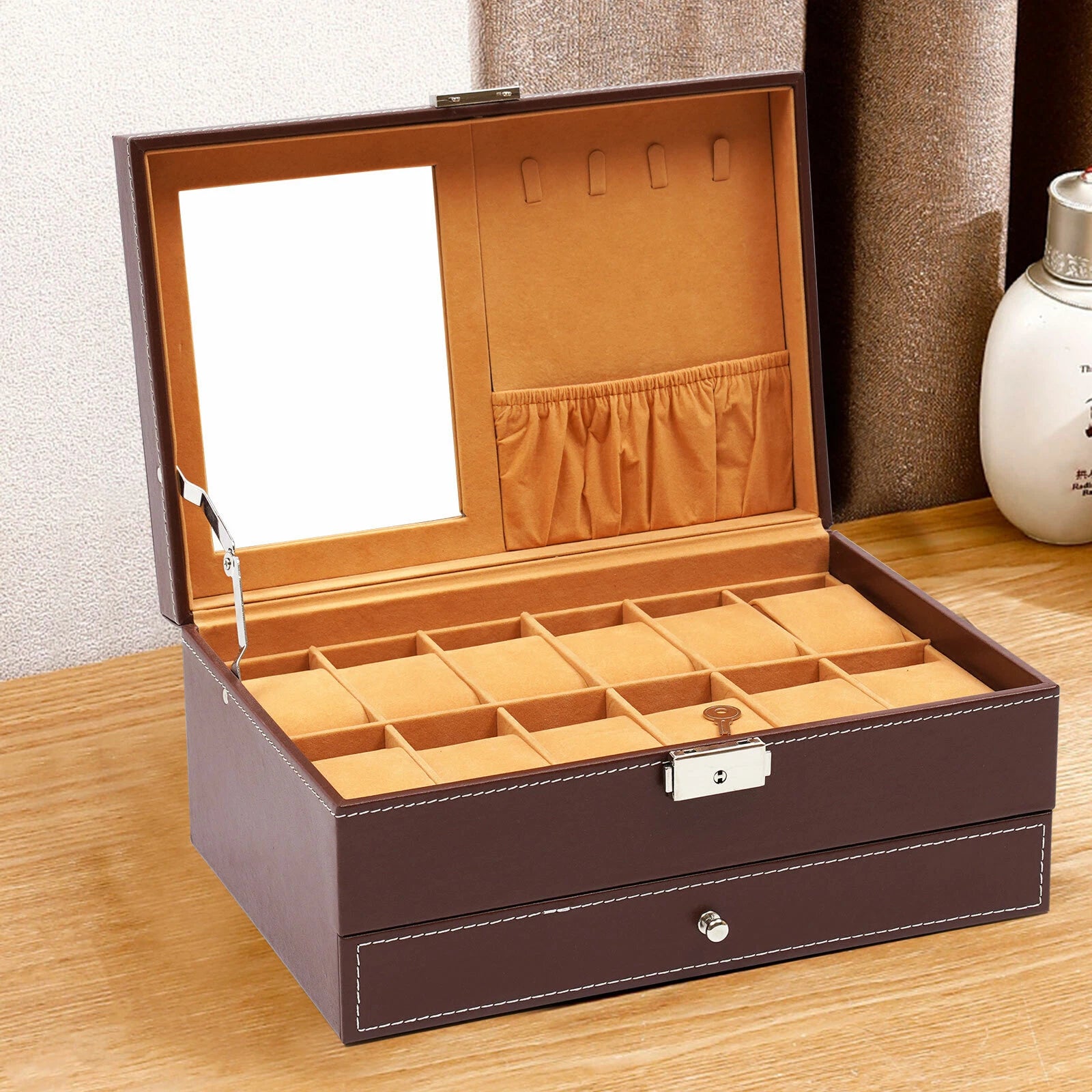 12 Slots Watch Box Case Organizer Women Jewelry Storage Holder Display w/Mirrior | eBay