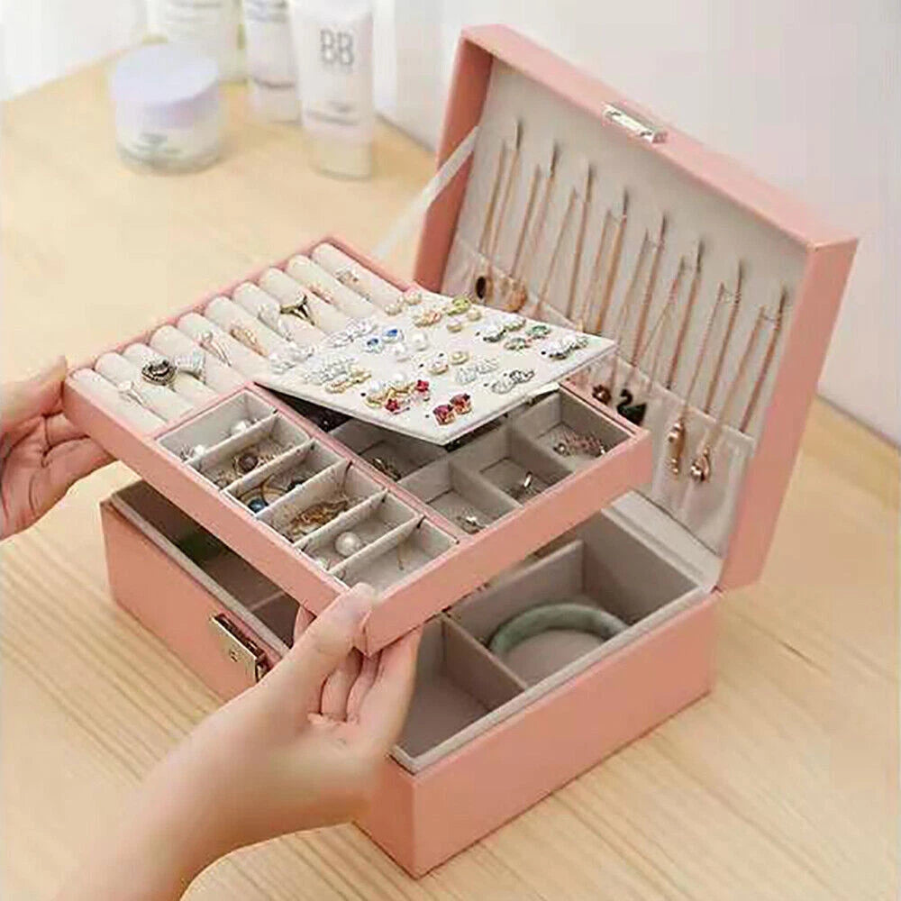 9" Large 2 Layers Jewelry Box Leather Organizer Gem Necklace Ring Case Storage | eBay