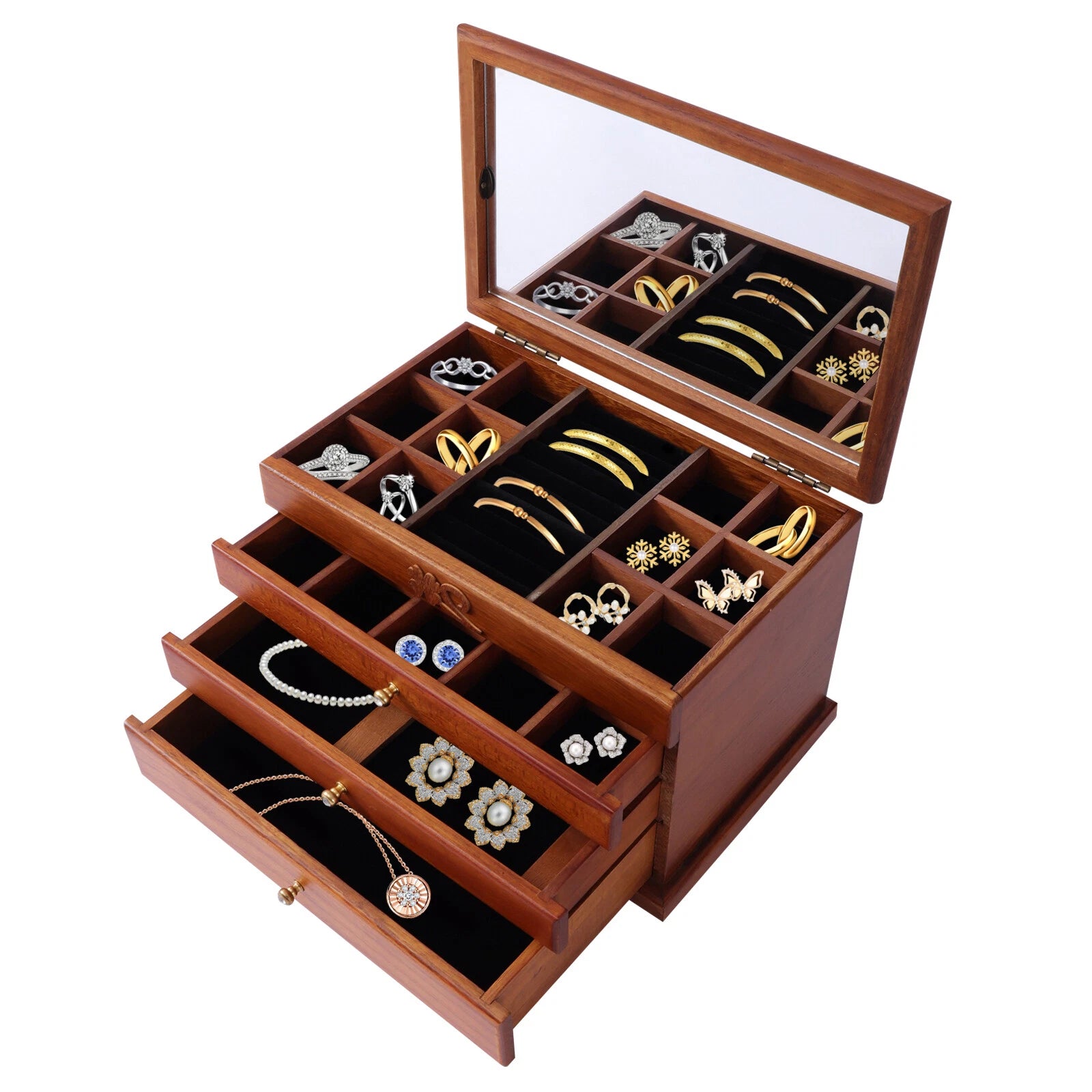 Wooden Jewelry Box Jewelry Storage Ring Earrings Organizer Case with Drawer NEW | eBay