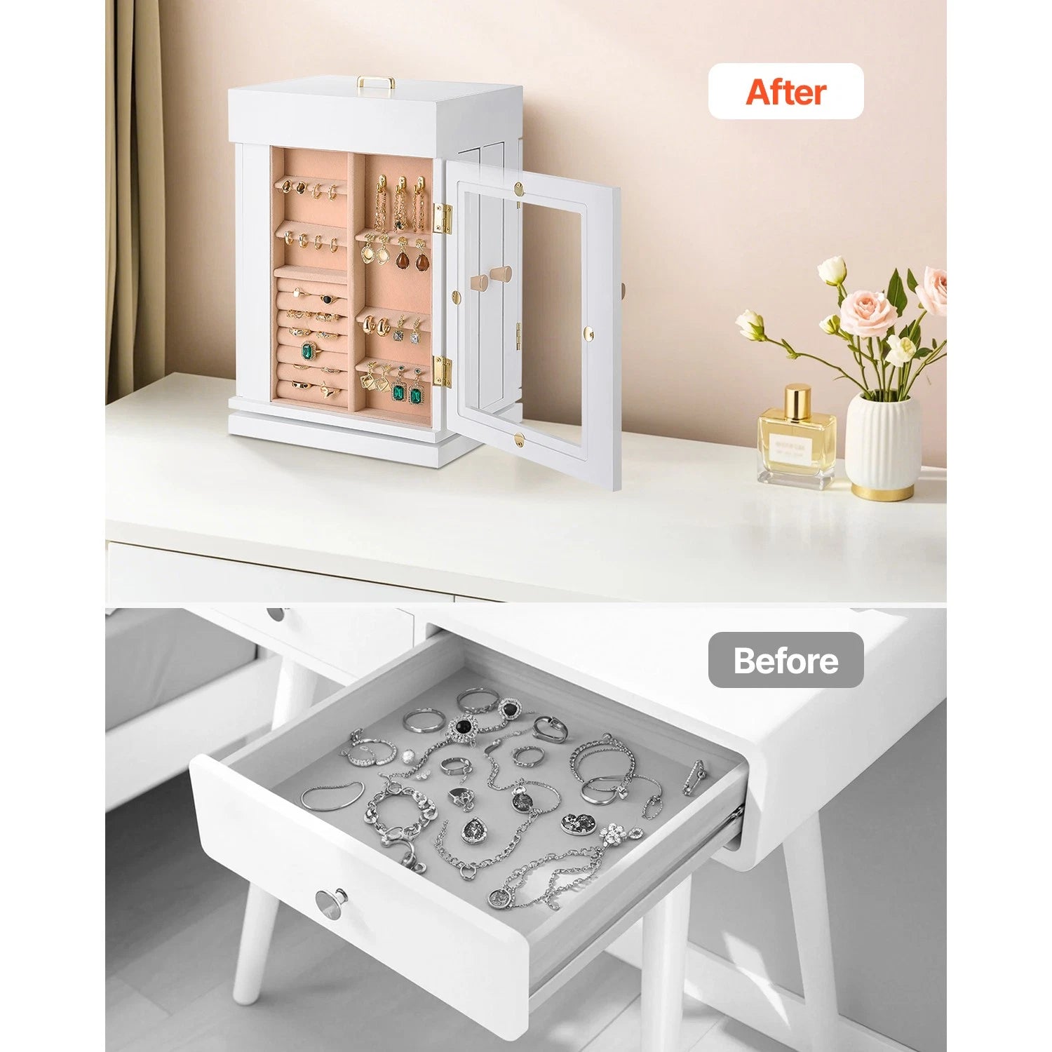 Jewelry Box 360° Rotating Jewelry Organizer with Built-in 4 Necklace Hooks White | eBay