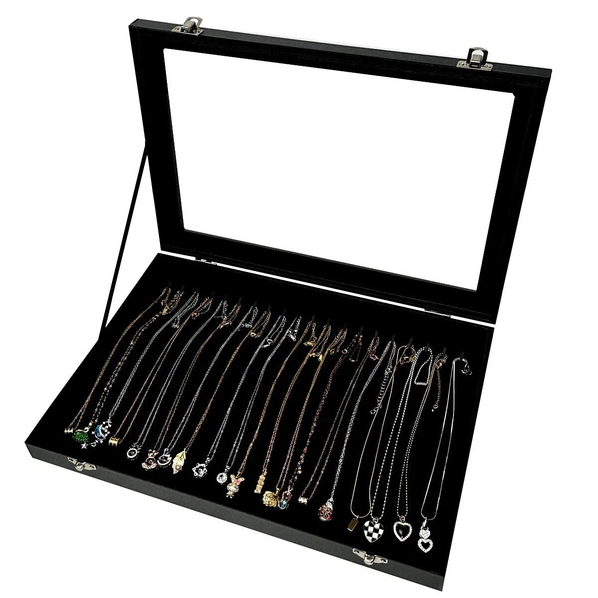 20 Hooks Velvet Necklace Organizer Box Necklace Holder Tray with Clear Lid | eBay