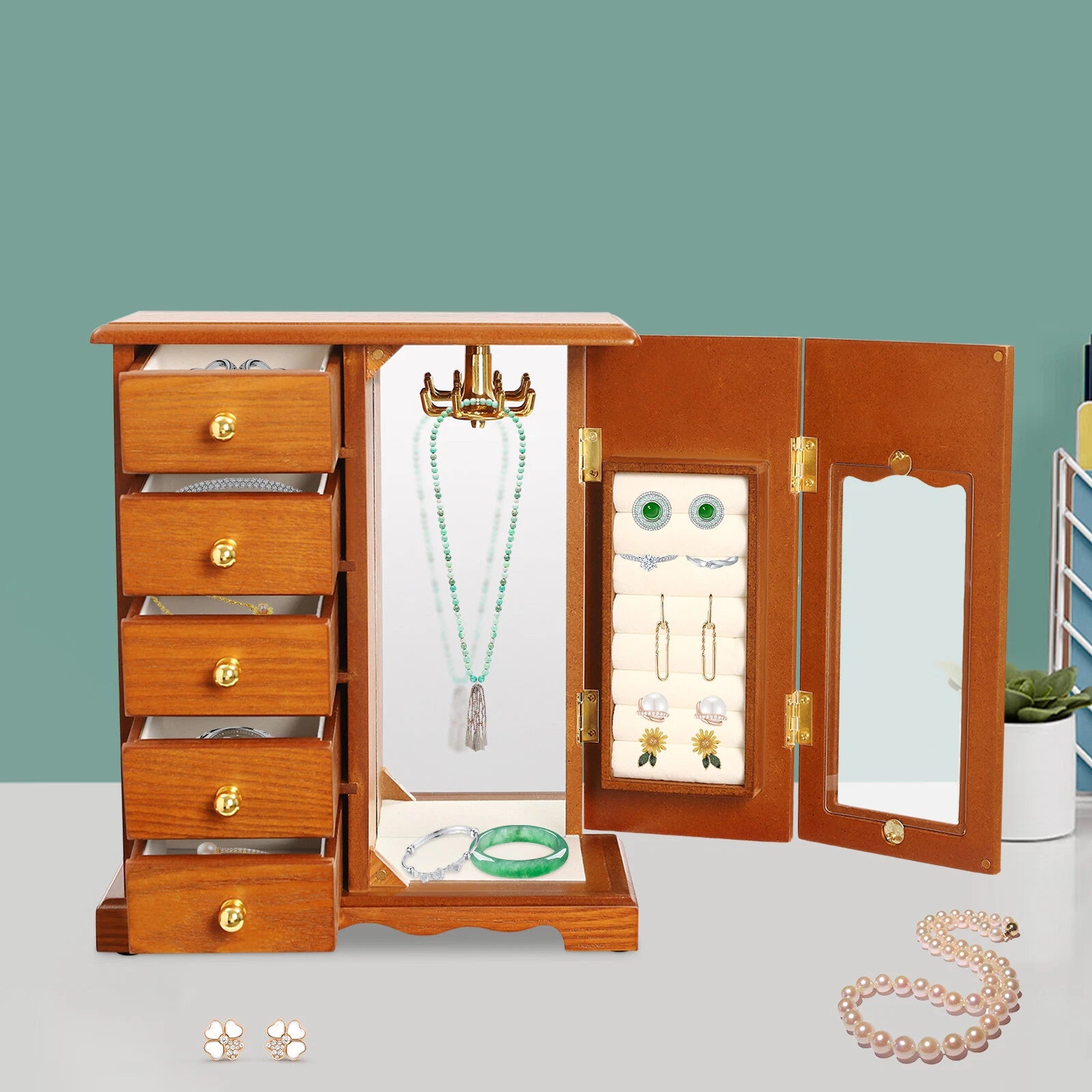 Wooden Jewelry Box Jewelry Storage Cabinet Organizer Mirror With 5 Drawers | eBay