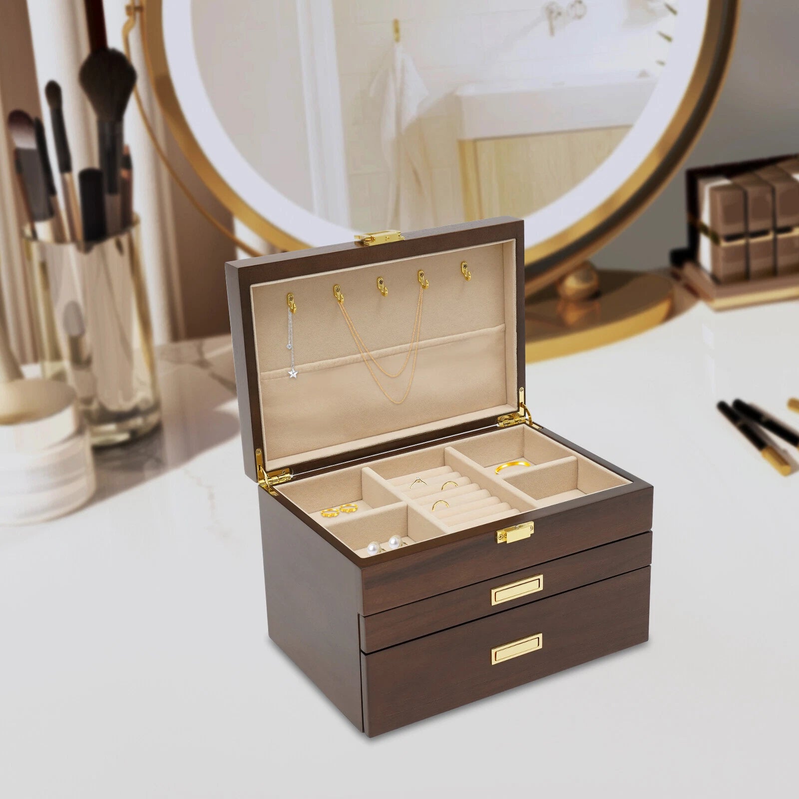 Large Wooden Jewelry Storage Box 3 Layers Organizer 2 Drawers Cabinet | eBay