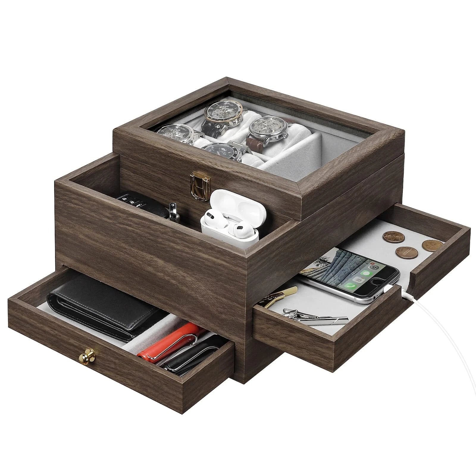 Watch Box For Men Jewelry Organizer With Real Glass Case Ring Bracelet Necklce | eBay