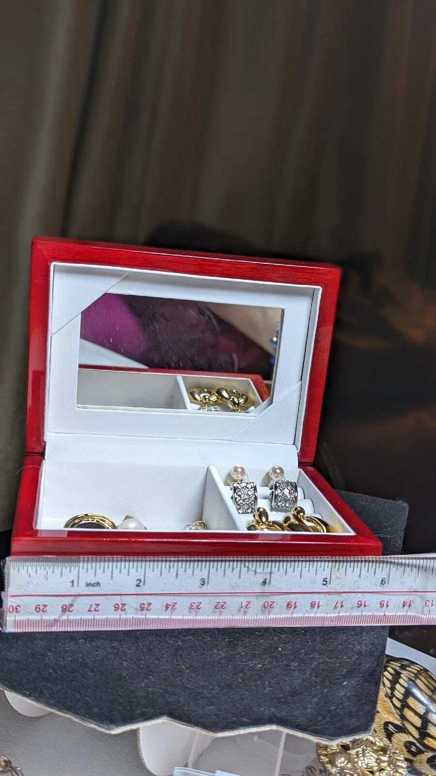 Red Lacquered Wood Travel Jewelry Box Mirrored 8 PC Goldtone Silvertone Jewelry | eBay