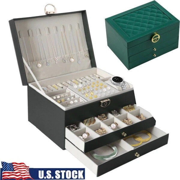 3 Layers Jewelry Box Organizer Large Capacity Ring Earring Necklace Storage Case | eBay