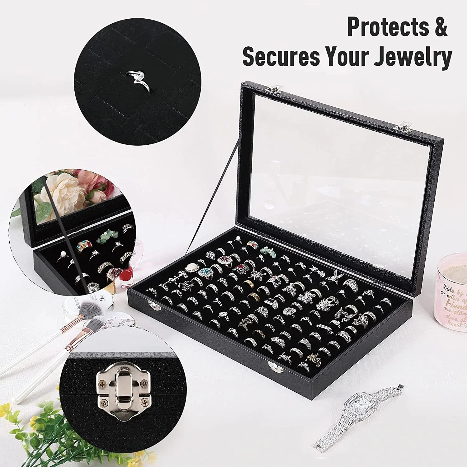 Black 100 Slots Ring Organizer Box,Ring Display Case Storage Boxes with Glass | eBay