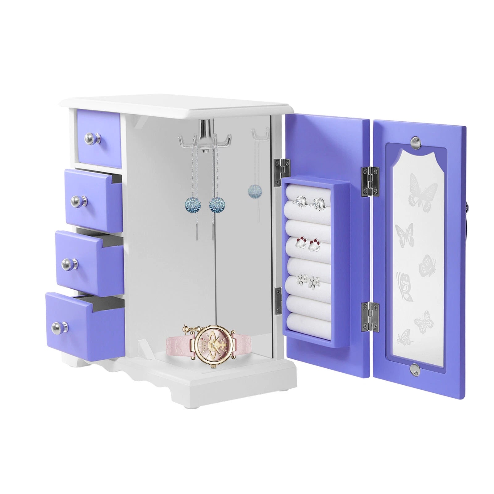 Jewelry Box Bracelets Rings Storage Organizer 4 Drawers Purple w/Built-in Mirror | eBay