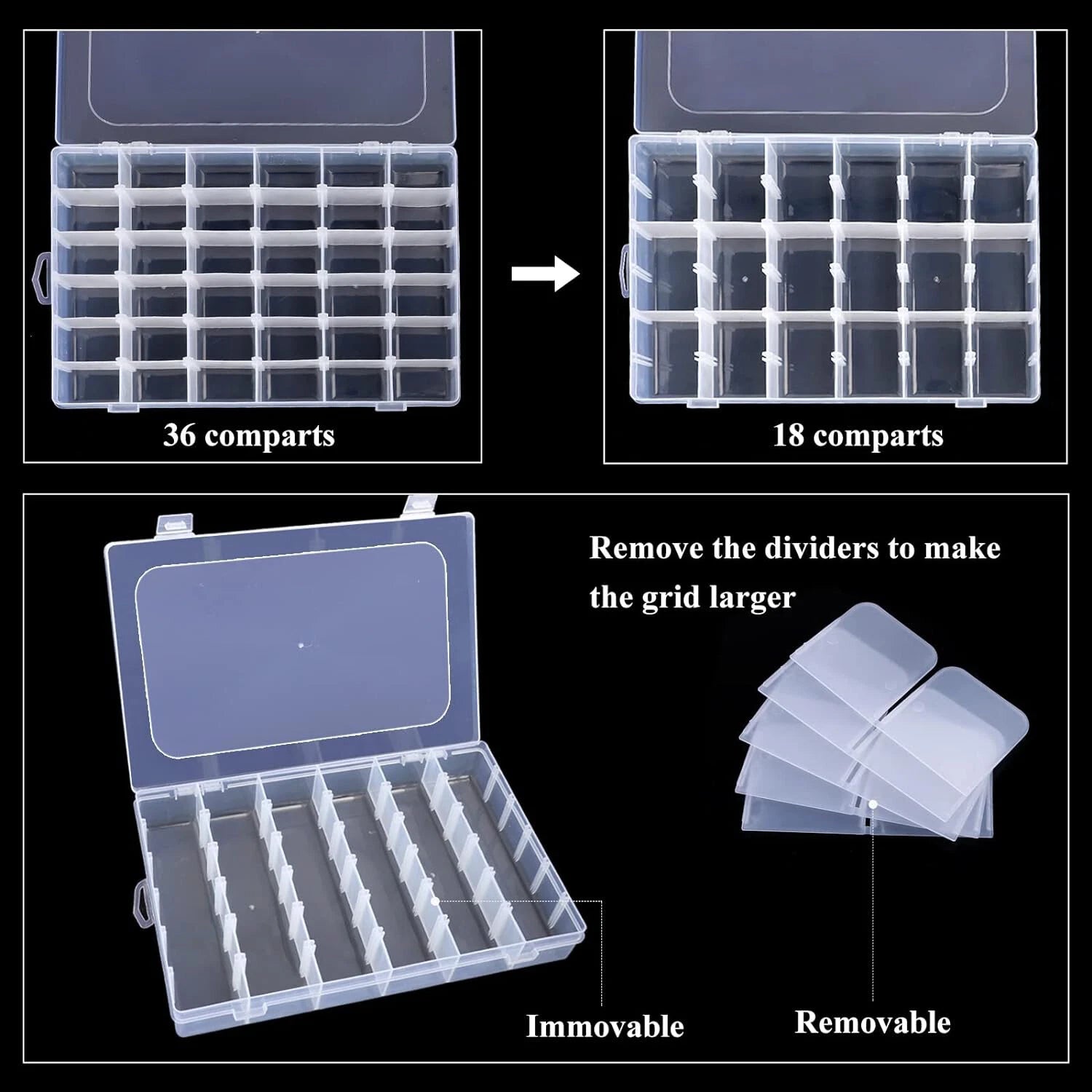 2PC 36Grids Clear Plastic Organizer Box Storage Container for DIY Jewelry Tackle | eBay