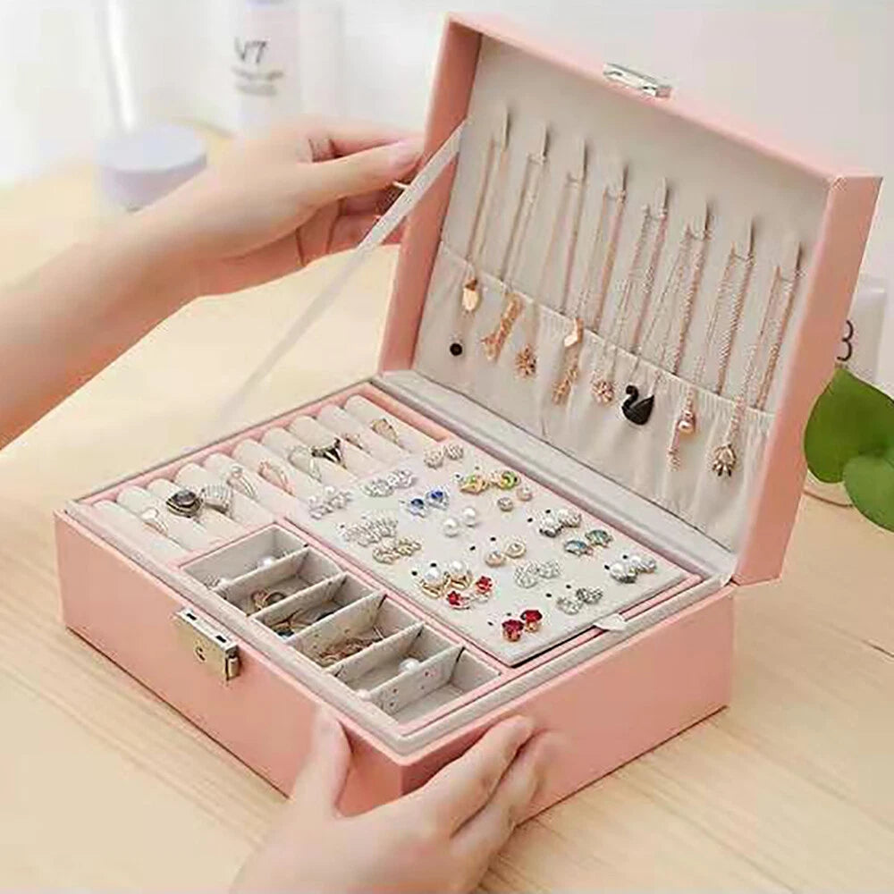 2 Layers Jewelry Box Organizer Large Capacity Ring Earring Necklace Storage New | eBay