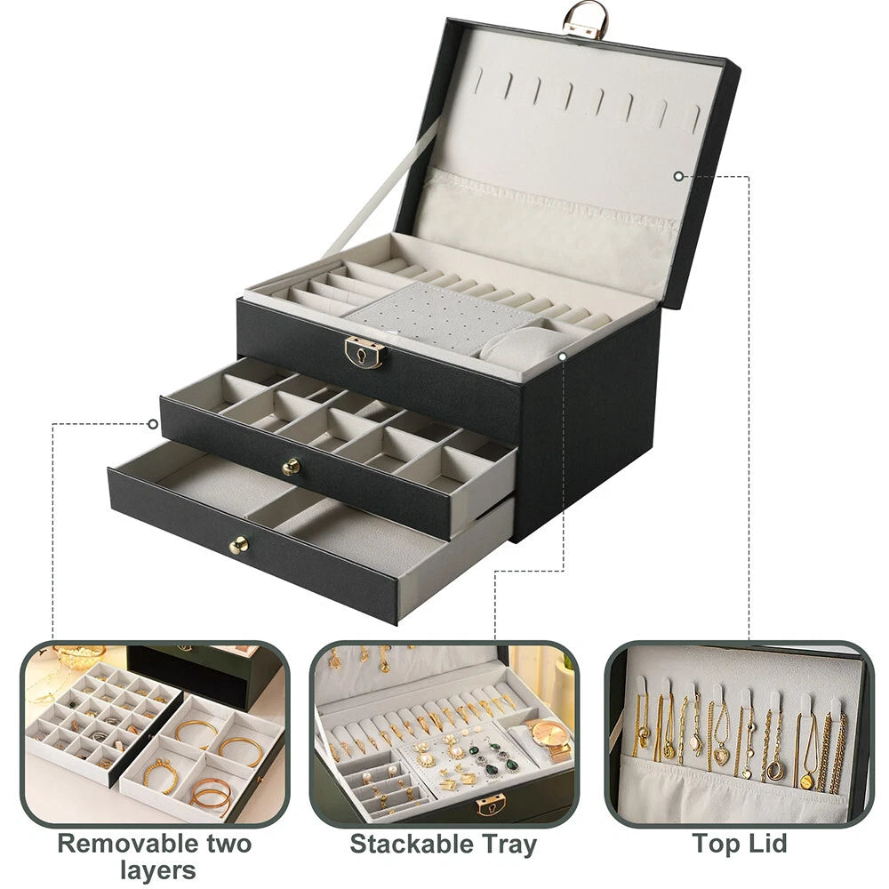 3 Layers Jewelry Box Organizer Large Capacity Ring Earring Necklace Storage Case | eBay