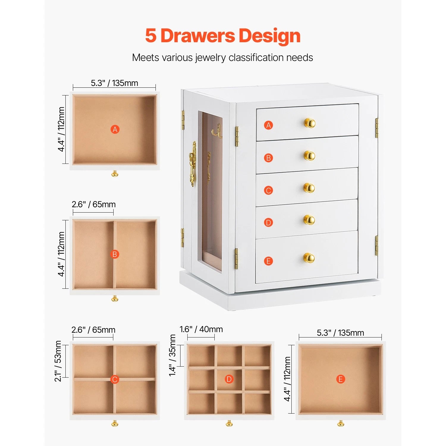 Jewelry Box 360° Rotating Jewelry Organizer with 5 Spacious Drawers White | eBay