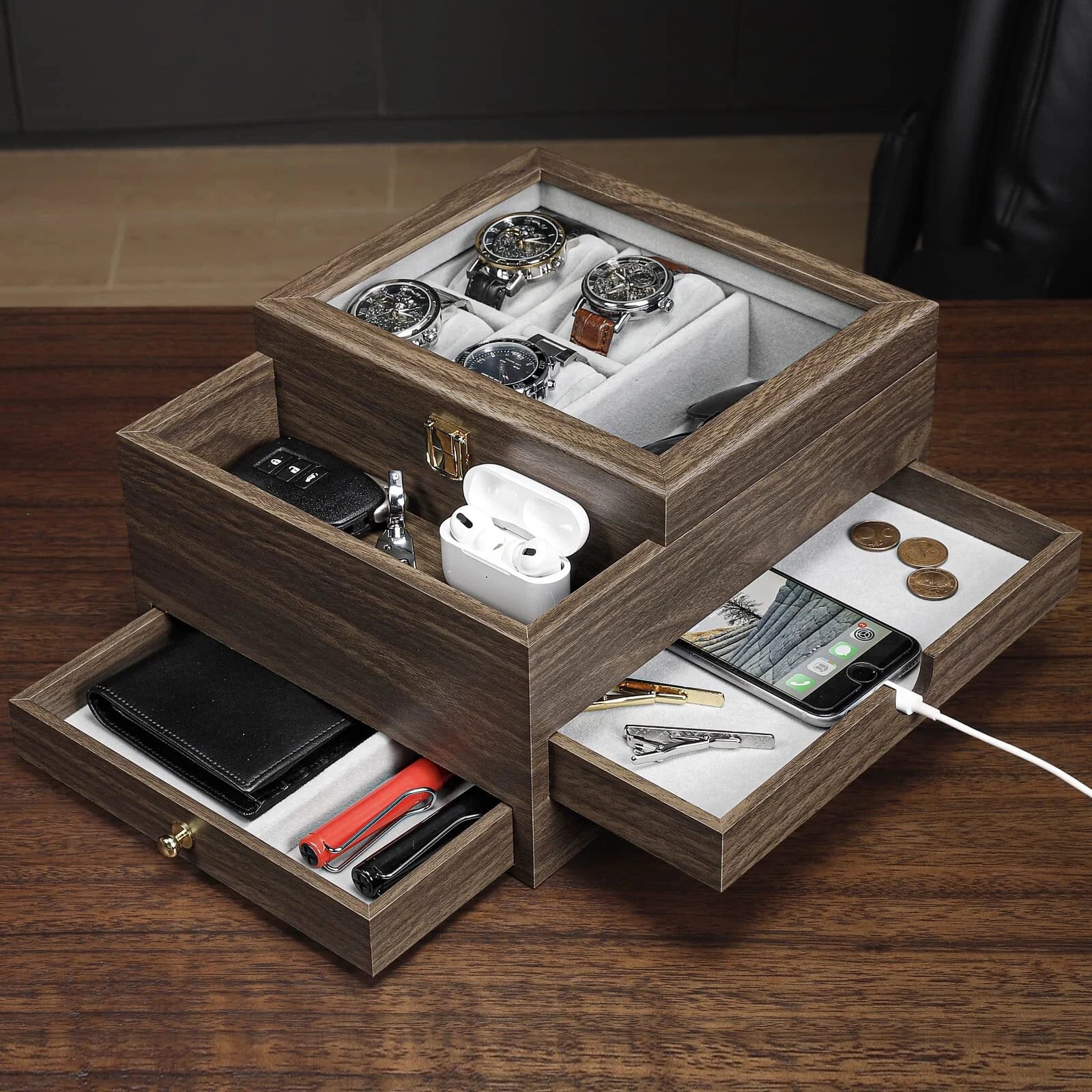 Watch Box For Men Jewelry Organizer With Real Glass Case Ring Bracelet Necklce | eBay