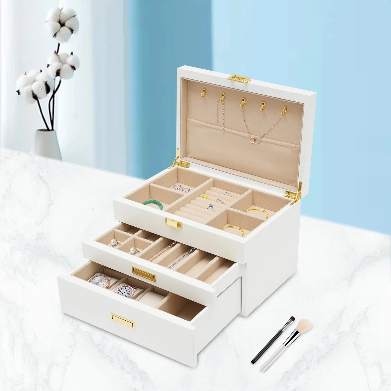 28CM Large Wooden Jewelry Storage Box White 3 Layers Organizer 2 Drawers Cabinet | eBay