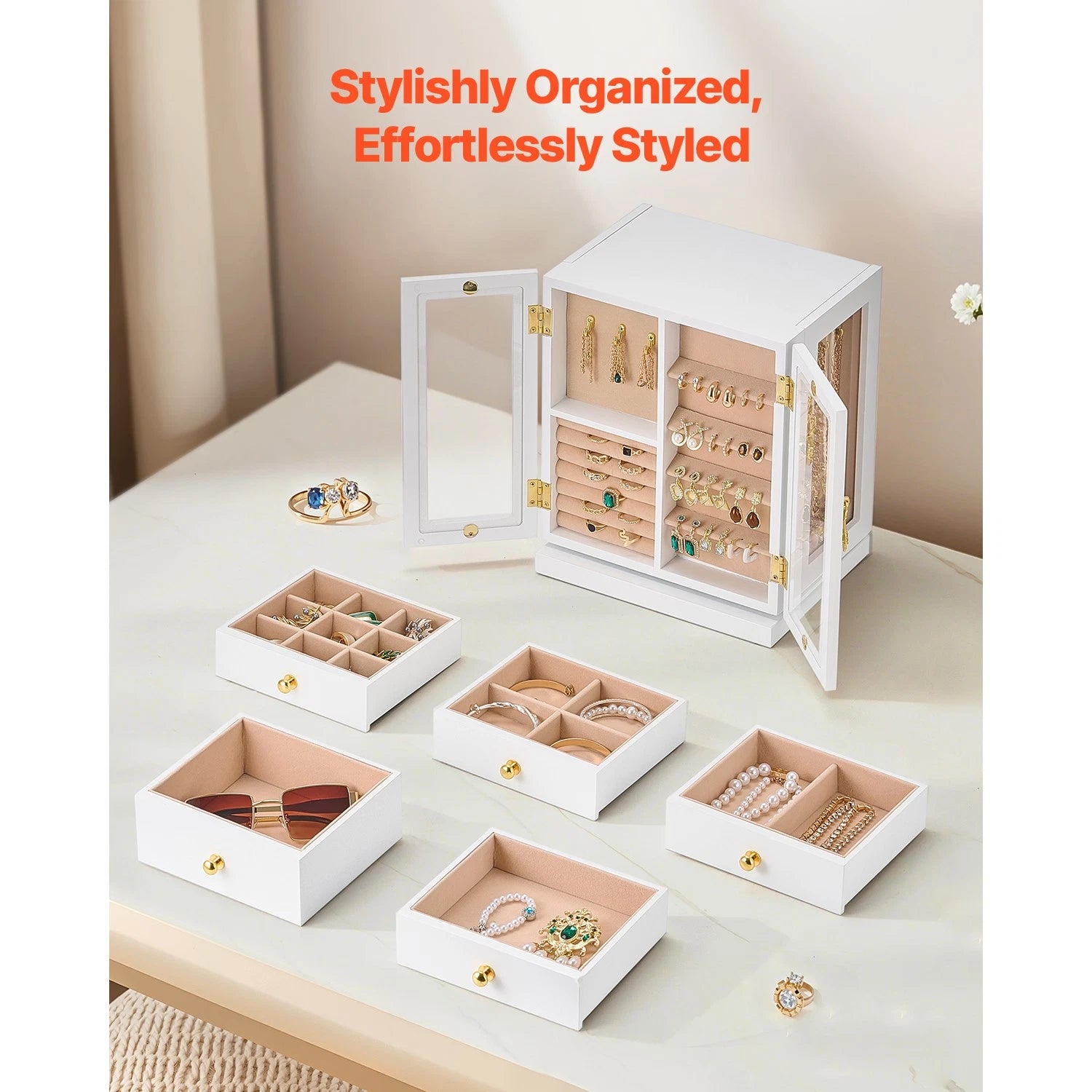 Jewelry Box 360° Rotating Jewelry Organizer with 5 Spacious Drawers White | eBay