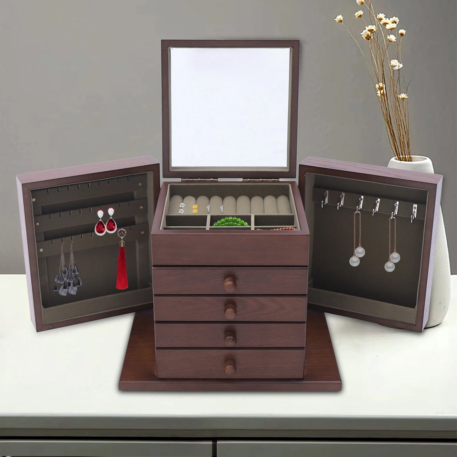 5 Layers Case Vintage Large Jewelry Organizer Wooden Storage Box w/ 4 Drawers | eBay