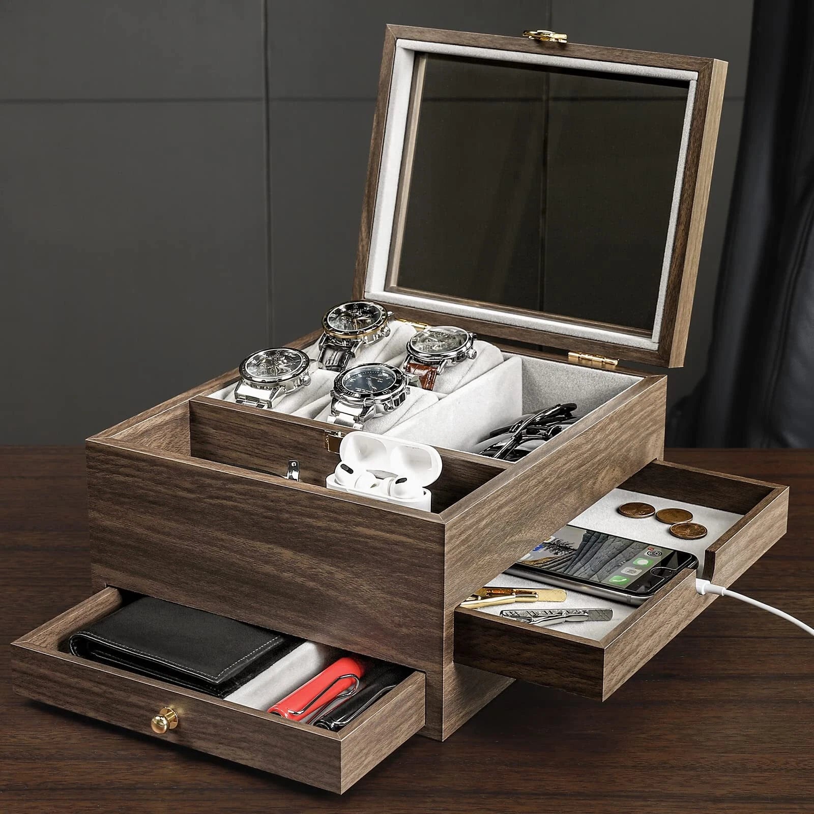Watch Box For Men Jewelry Organizer With Real Glass Case Ring Bracelet Necklce | eBay