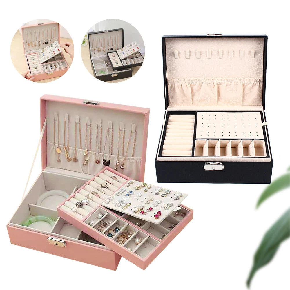 JEWELRY BOX 2-LAYER ORGANIZER CASE LARGE STORAGE NECKLACE RING LEATHER BRAND NEW | eBay