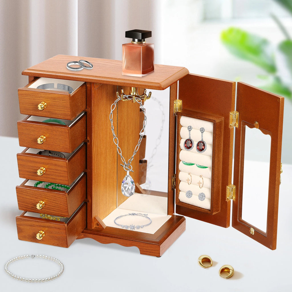 Wooden Jewelry Box Jewelry Storage Cabinet Organizer Mirror With 5 Drawers | eBay