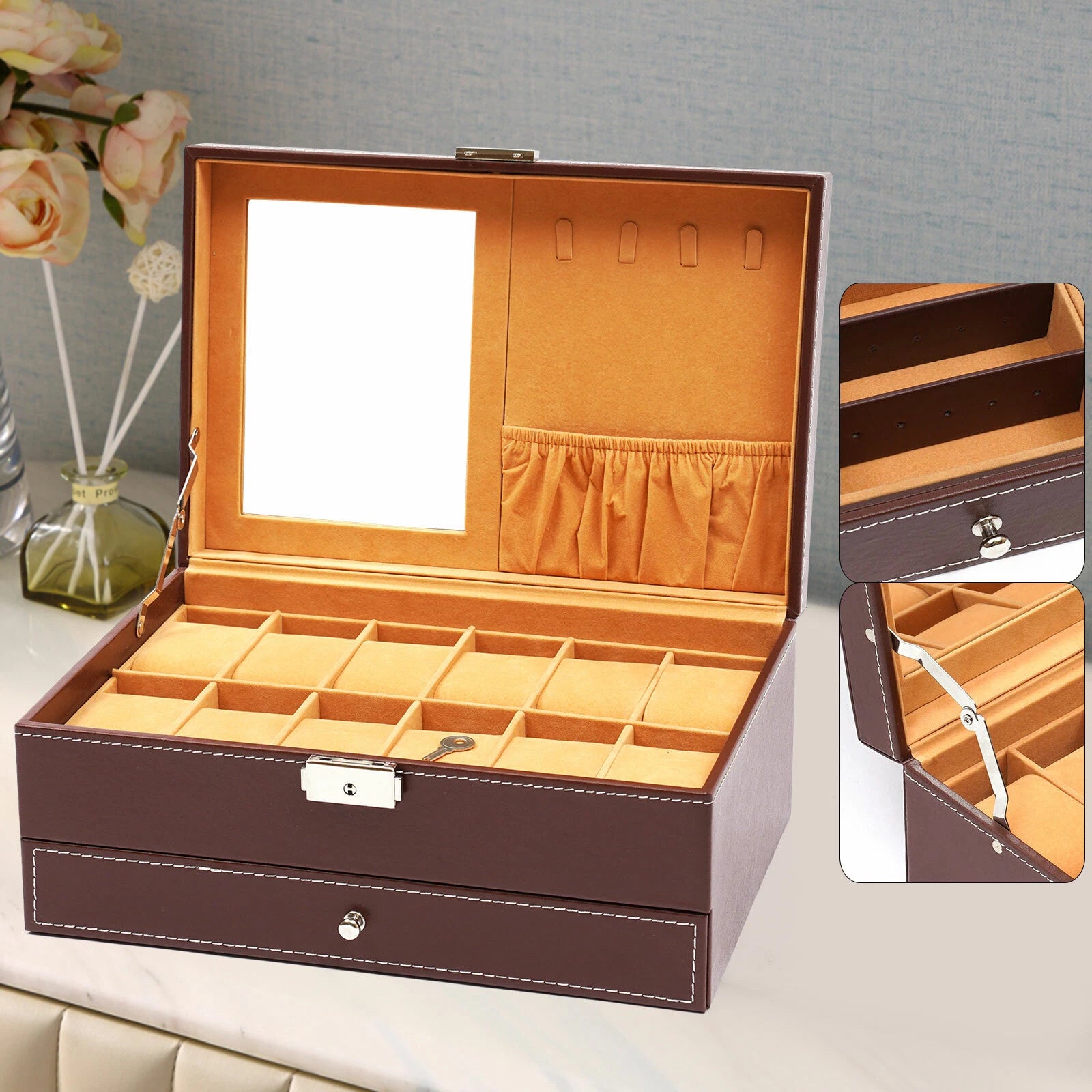 12 Slots Watch Box Case Organizer Women Jewelry Storage Holder Display w/Mirrior | eBay