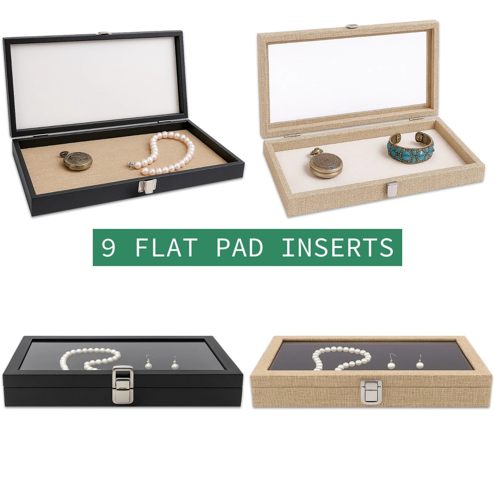 Wooden Jewelry Display Case Organizer Glass Lid Pad/Divider Insert Black/Burlap | eBay