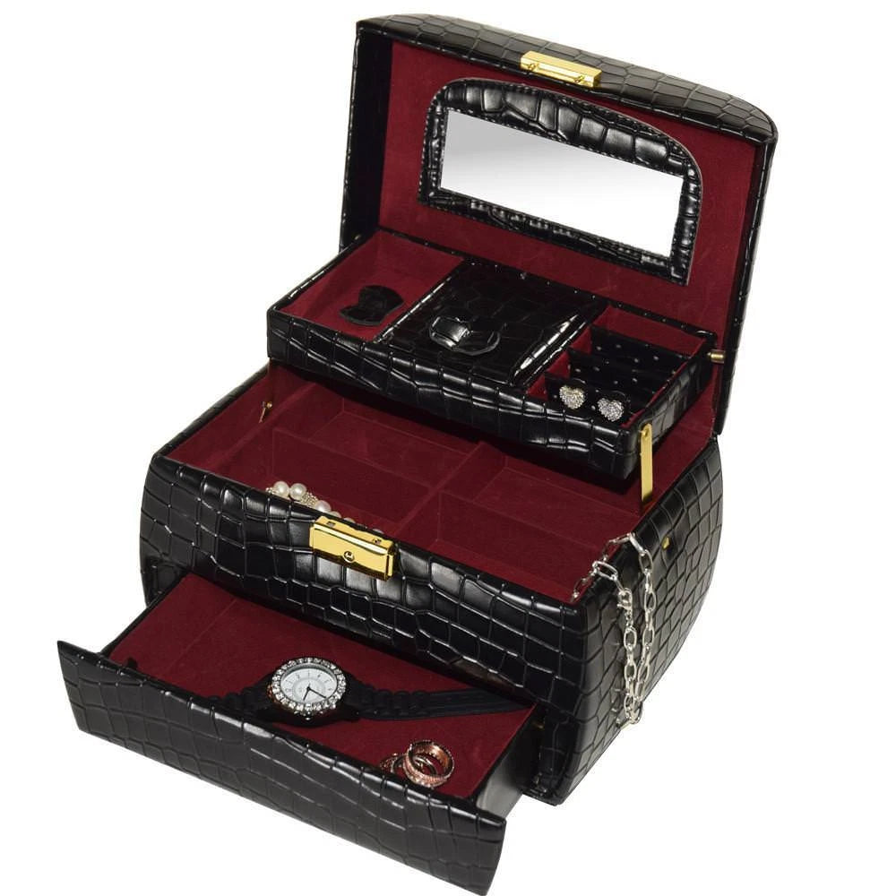 Leatherette Textured Crocodile Pattern Elegant 3 Tier Jewelry Box with Mirror | eBay