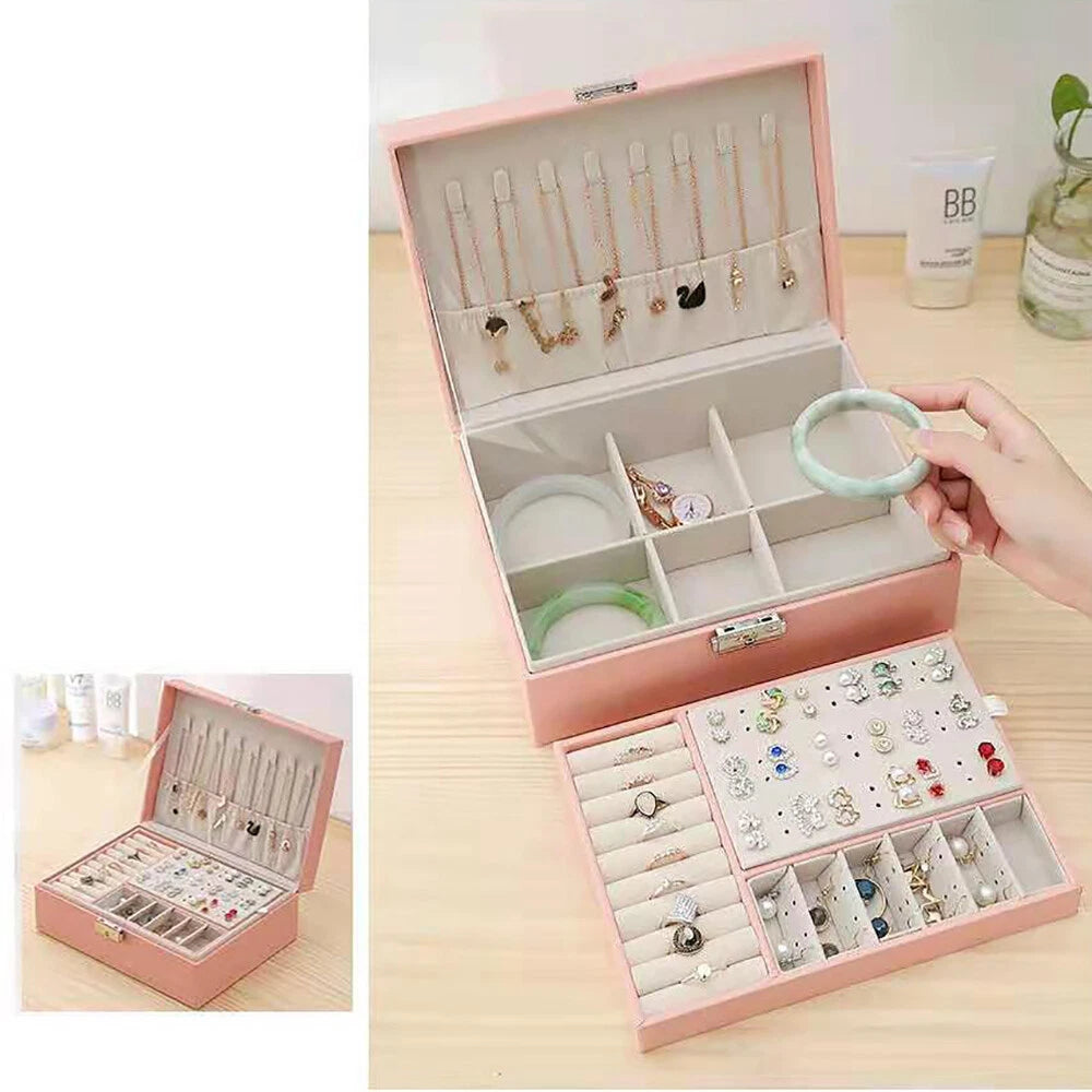 9" Large 2 Layers Jewelry Box Leather Organizer Gem Necklace Ring Case Storage | eBay