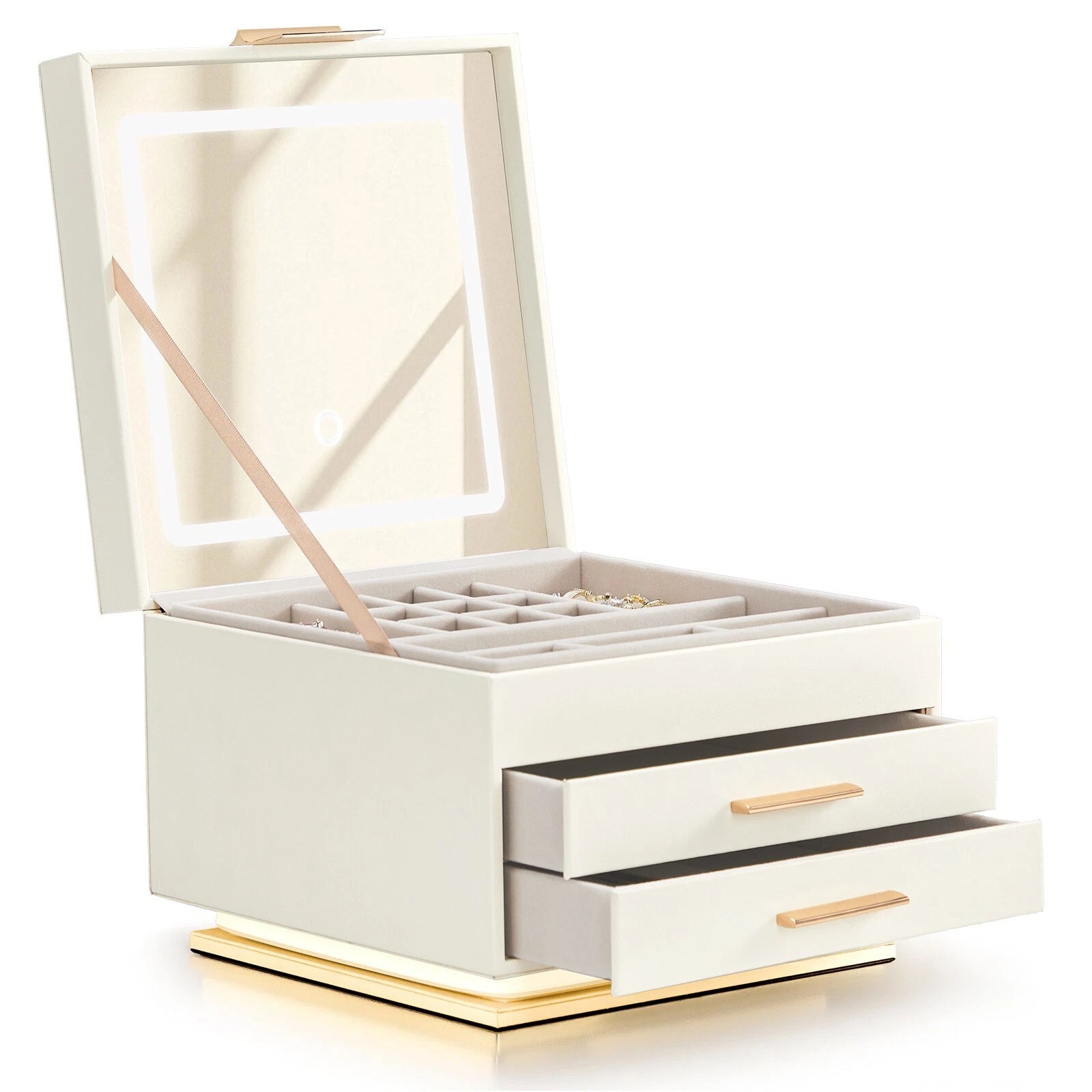 Jewelry Box Leather 3-Tier Storage Organizer Case with Touch Control LED Mirror | eBay