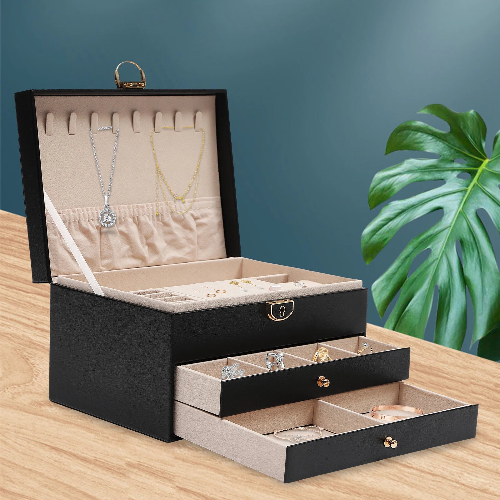 3-Layer Jewelry Box Organizer with Lockable Storage and Velveteen Lining | eBay