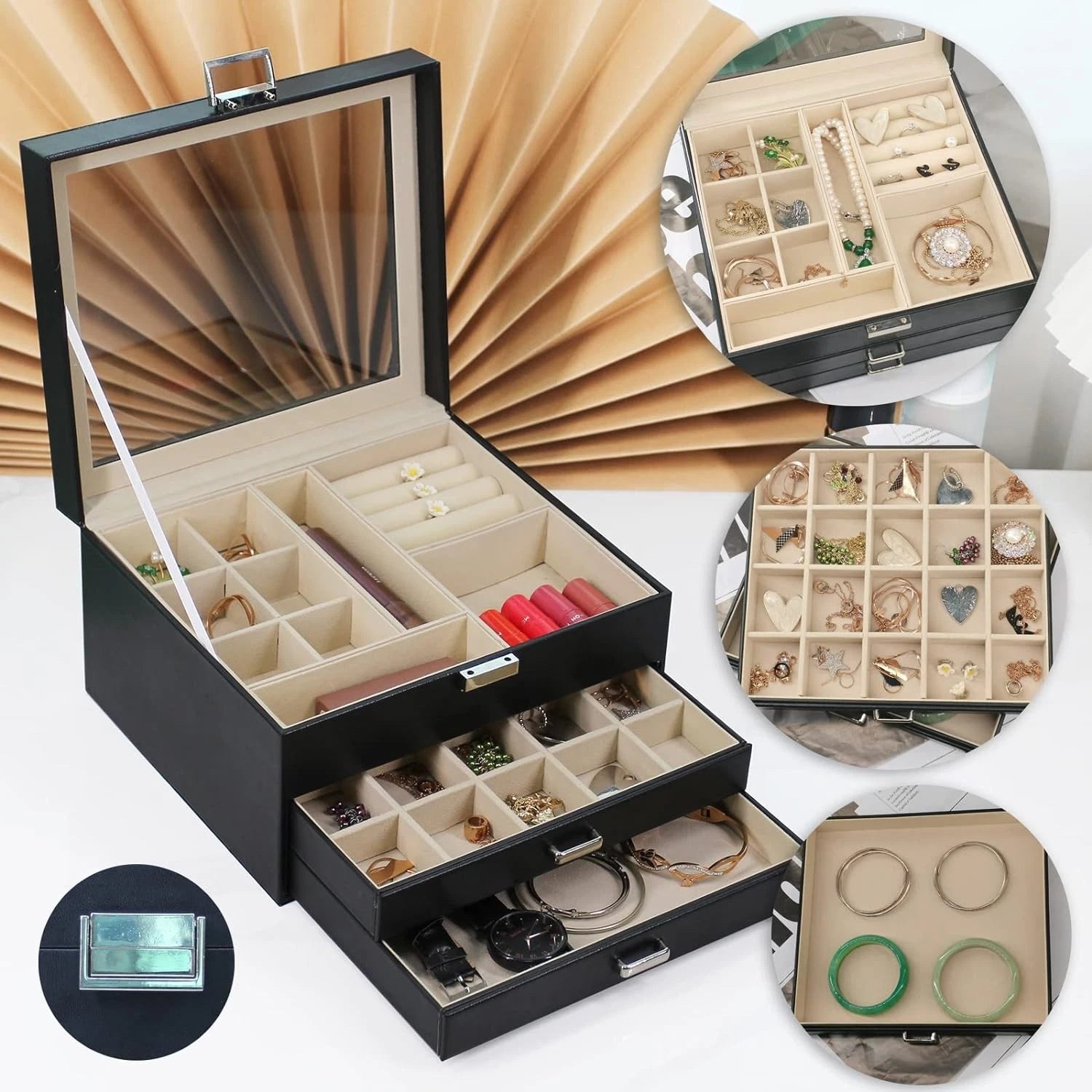3-Layer Jewelry Organizer with Glass Lid & Drawers Jewelry Storag Box for Women. | eBay