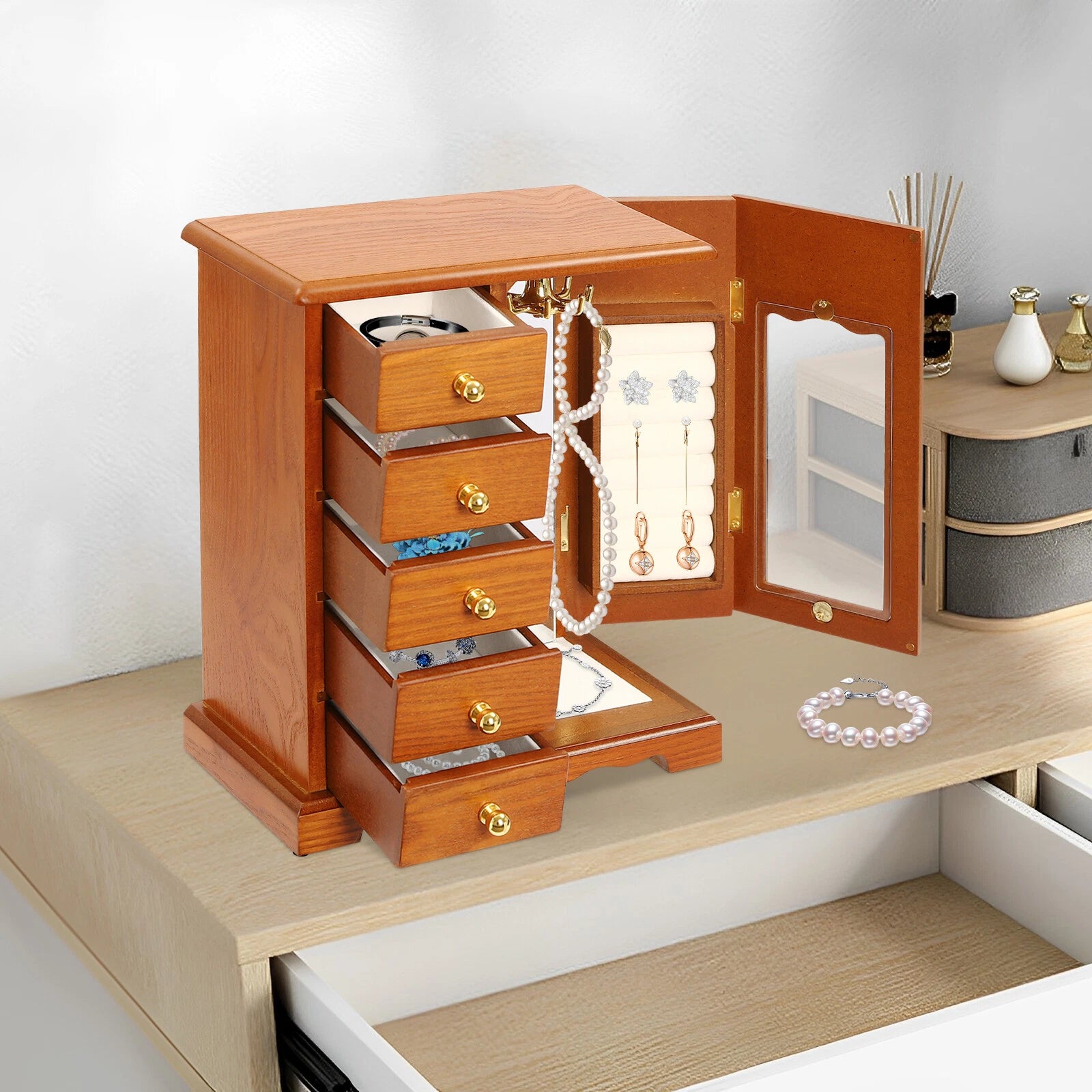 Wooden Jewelry Box Jewelry Storage Cabinet Organizer Mirror With 5 Drawers | eBay