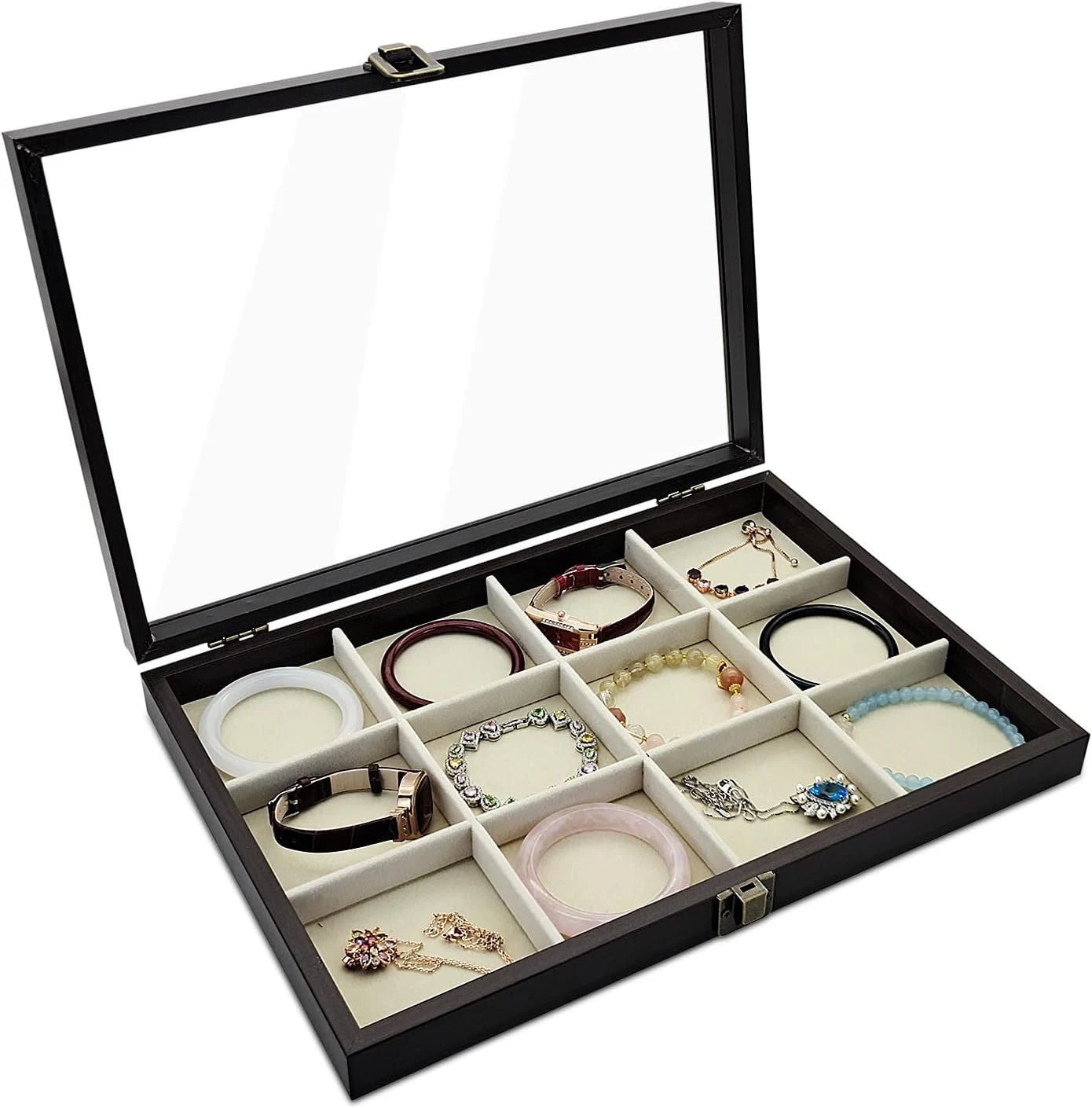 Jewelry Box with Glass Lid, Wood Jewelry Organizer Box, 24-Grid Earring Holder O | eBay