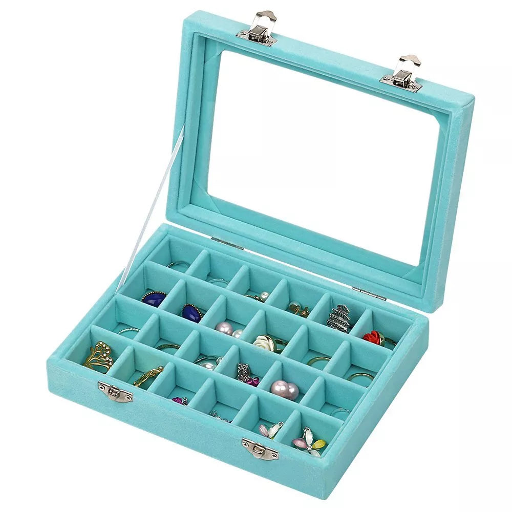 24 Slots Velvet Glass Jewelry Box Organizer Rings Earrings Tray Display Case | eBay