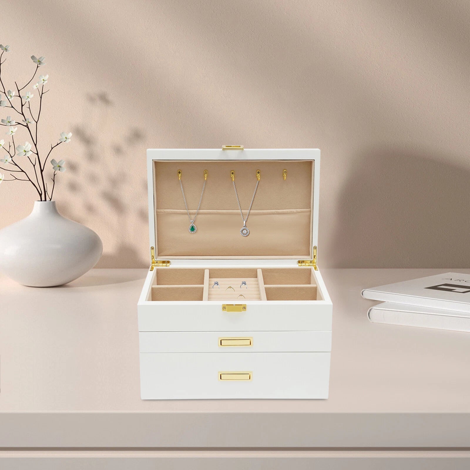 28CM Large Wooden Jewelry Storage Box White 3 Layers Organizer 2 Drawers Cabinet | eBay