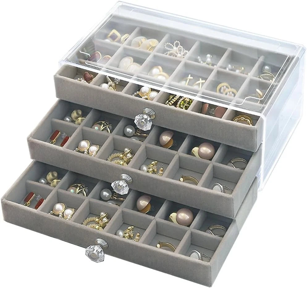 Clear Jewelry Box Earring Organizer Storage Case Velvet 3 Drawer Display Tray | eBay