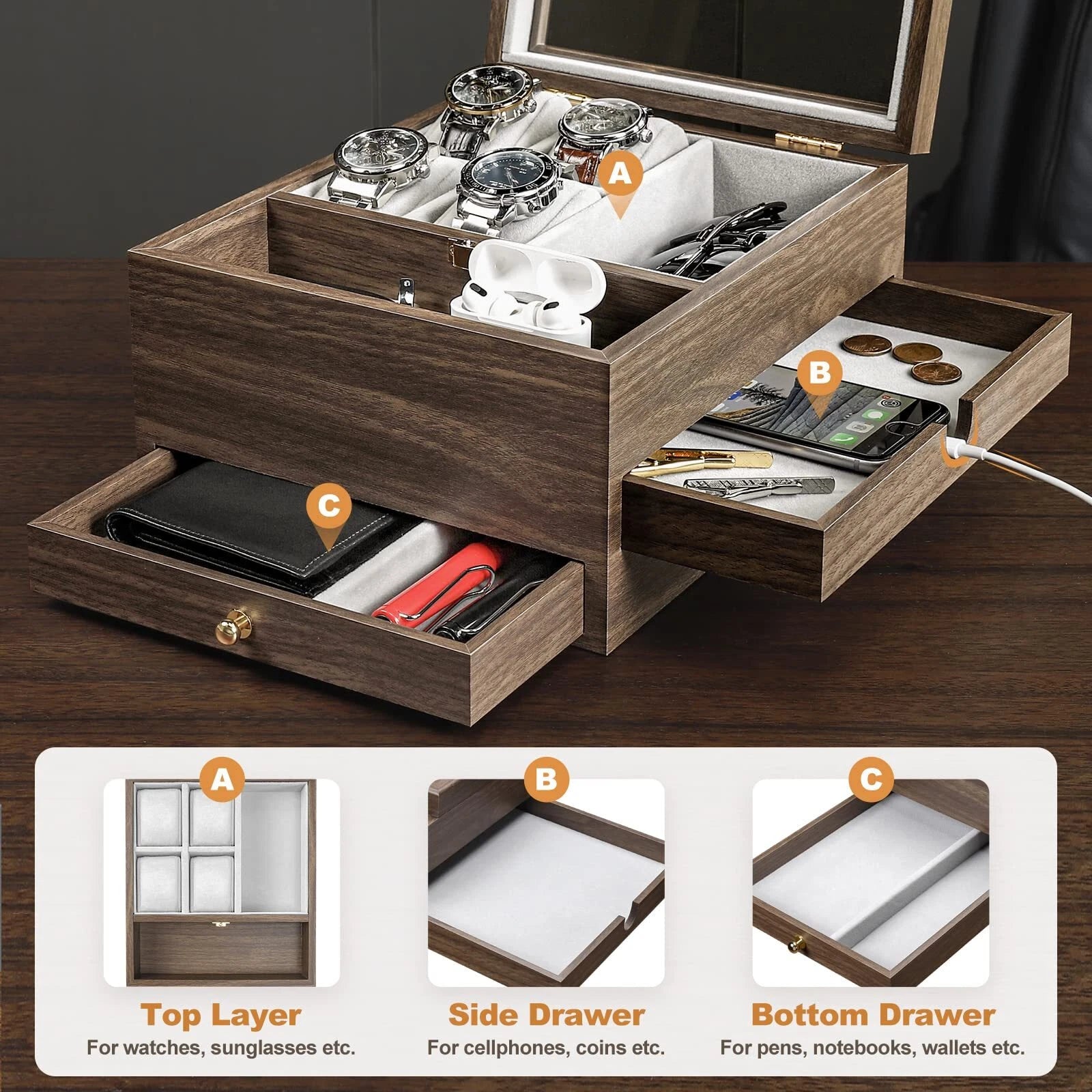 Watch Box For Men Jewelry Organizer With Real Glass Case Ring Bracelet Necklce | eBay