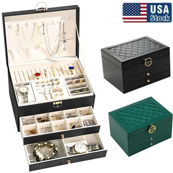 3 Layers Jewelry Box Organizer Large Capacity Ring Earring Necklace.Storage Case | eBay